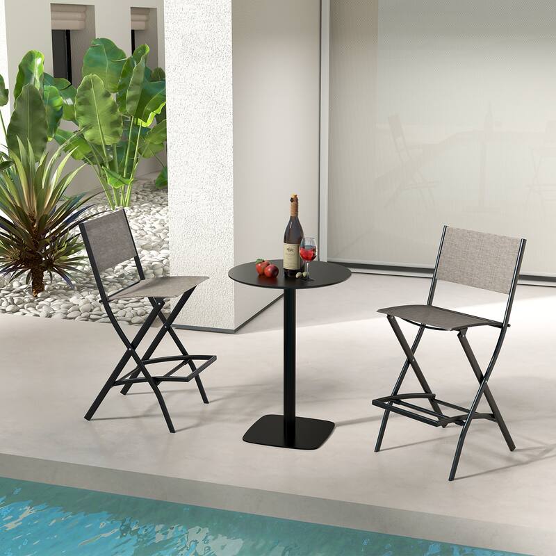 Gymax Folding Bar Stools Set of 2 Patio Sling Chairs w/ Backrest