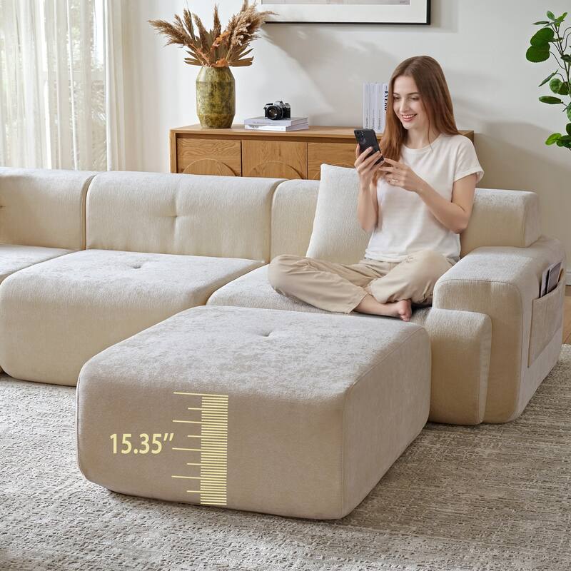 118 inch Oversized 3 Seater L-Shaped Chenille Boneless Modular Sectional Sofa Couch with Movable Ottoman