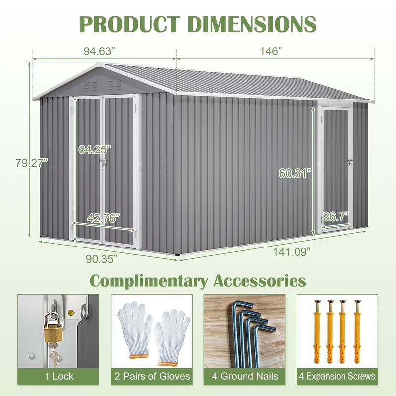 GDFStudio - Large Heavy Duty Metal Tool Storage with Lockable Doors for Easy Access, Storage for Backyard Garden Patio Lawn