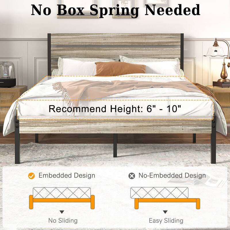 VECELO Industrial Wood Bed Frame with Headboard Twin Size Beds/Full Size Beds/Queen Size Beds
