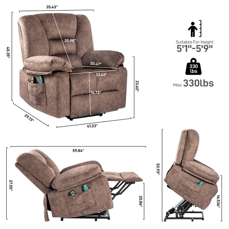 Grey Power Lift Recliner for Seniors with Massage, Heat, and 150° Recline