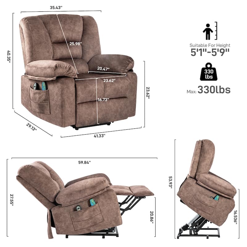 Grey Senior Power Lift Recliner with Massage and Heating, 330 lbs Capacity, and Adjustable Recline up to 150°