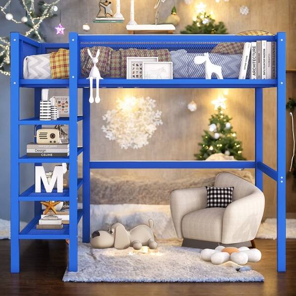 slide 2 of 16, Modern Full Size Loft Bed with 4-Tier Shelves and Storage and 4-step Ladder for Bedroom Blue