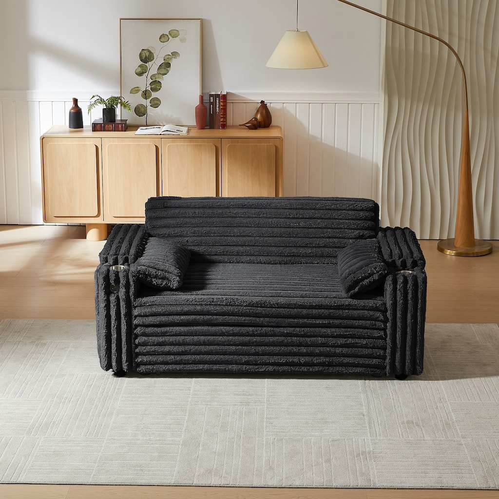 Corduroy Convertible Sofa Bed, Pull Out Sleeper Sofa Bed with Storage Armrests, Floor Couch with USB Port & Cup Holders