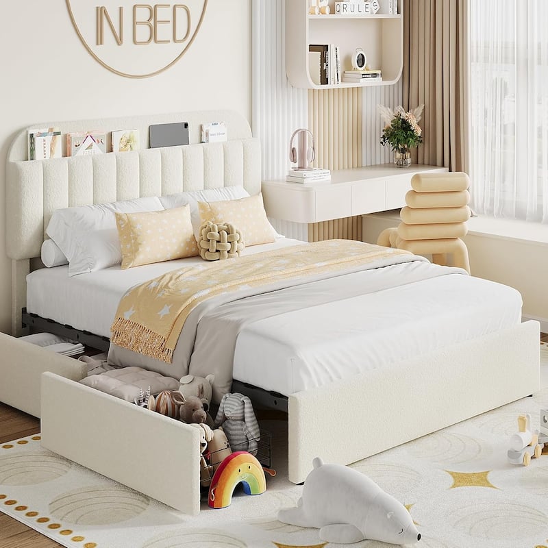Bed Frame with 2 Drawers, Boucle Upholstered - Beige - Queen