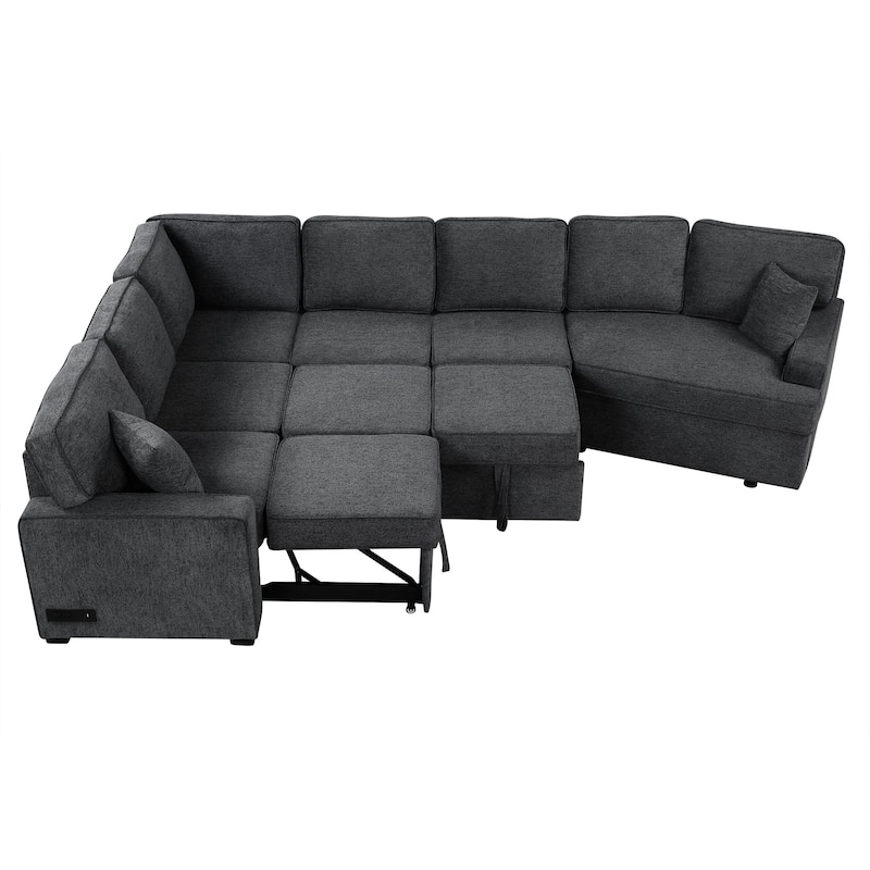 Modern 126" L-Shaped Sofa with Sleeper Bed, Cup Holders, and Power Outlets