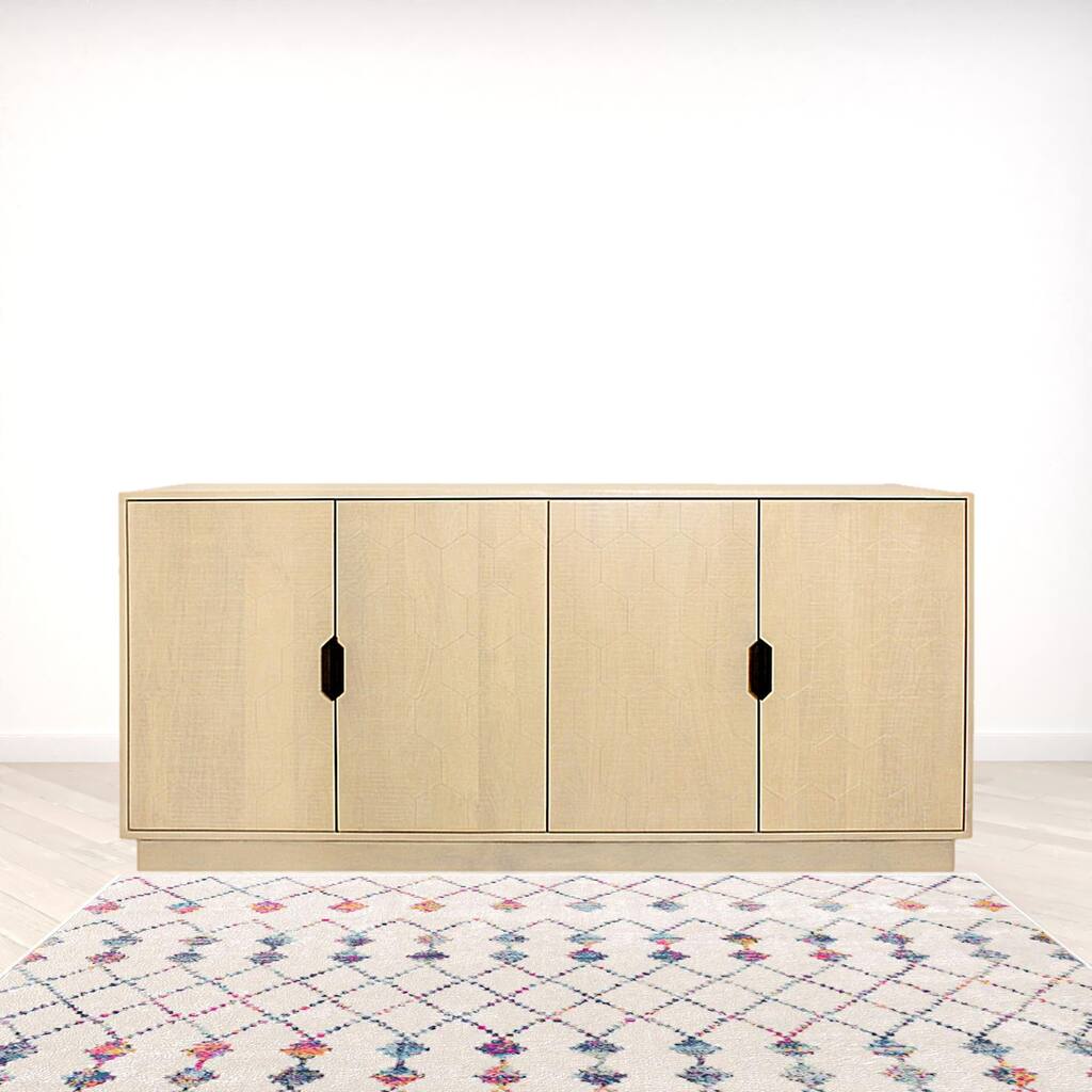 HomeRoots 72" Natural Distressed Solid Wood Carved Geometric Sideboard with Four Doors - 72.00 in. x 34.00 in. x 20.00 in.
