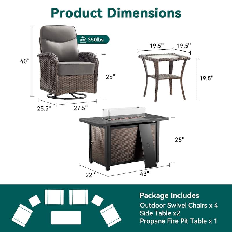 Pocassy Outdoor Sofa Swivel Chair and Ottman with 43in Fire Pit Table