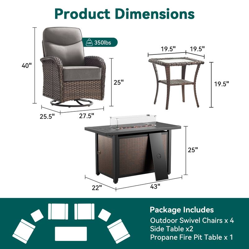 Pocassy Outdoor Sofa Swivel Chair and Ottman with Fire Pit Table