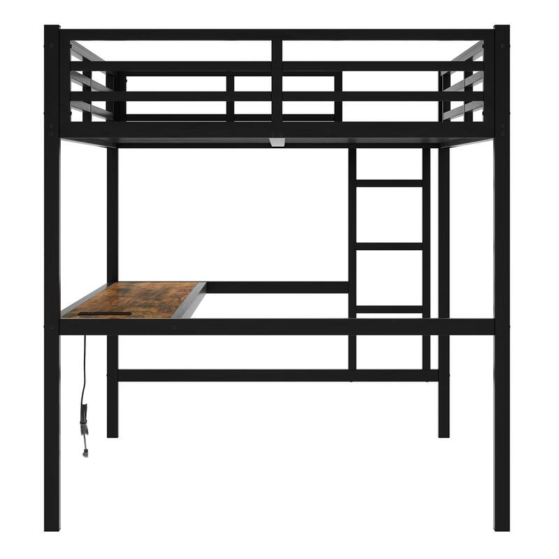 Metal Loft Bed with USB and LED Lights, Desk, and Power Outlet