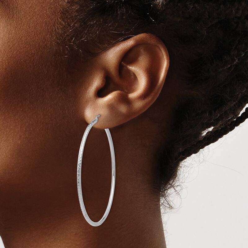 Curata 14k White Gold Rhodium-plated Diamond-cut 2x55mm Round Hoop Earrings