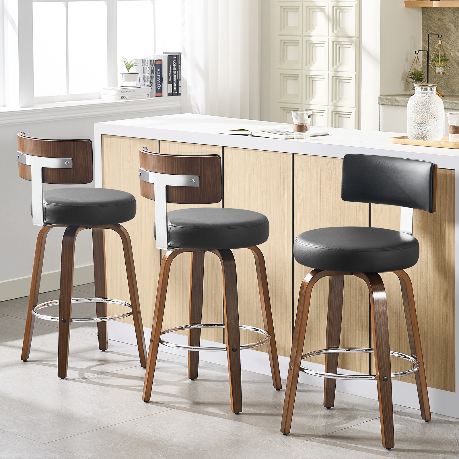 Upholstered Wood Swivel Bar/ Counter Stools, Set of 3