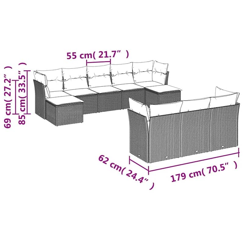 vidaXL Patio Sofa Set with Cushions Outdoor Furniture 10 Piece Poly Rattan - 21.7 x 21.7 x 14.6