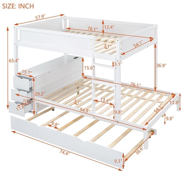 Modren Full-Over-Full Bunk Bed With Twin size Trundle,Storage And Desk,Sturdy Frame,s