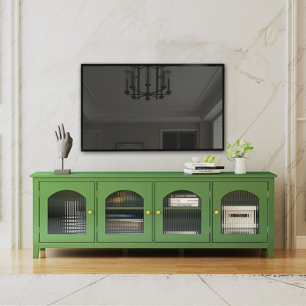 71-inch Antique Green TV Cabinet TV Stand with Glass Doors - Bed