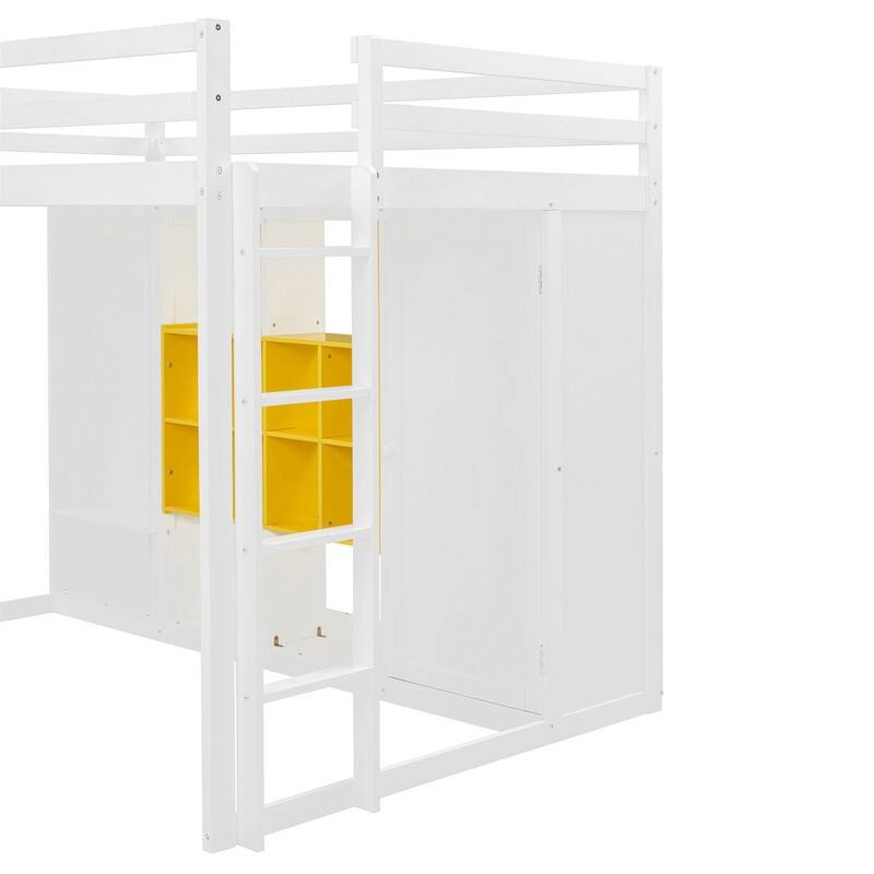 Twin/Full Size Loft Bed with Wardrobe and Cabinet, Wooden Loft Bedframe with Storage Shelves, Ladder and Guardrail for Kids