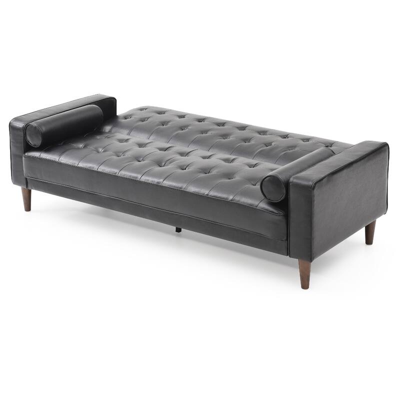 Flared Arm Faux Leather Tufted Straight Sofa with Bolster Pillows - 85" - Black