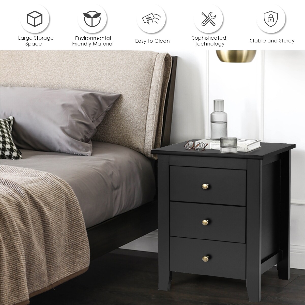 Costway Set of 2 Nightstand End Beside Sofa Table w 3 Drawers Bedroom