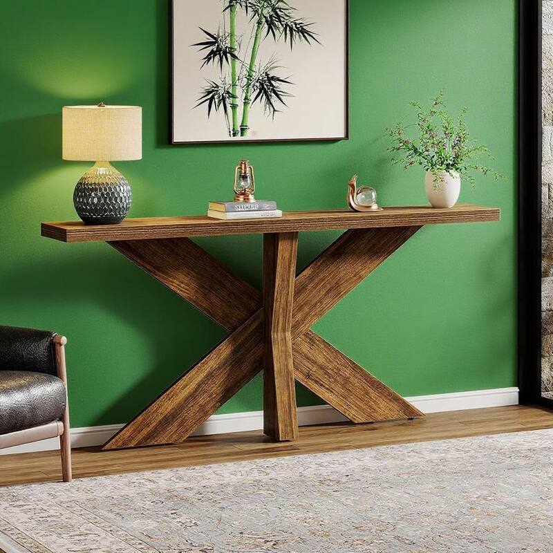 Rustic Brown 70.9" Farmhouse Console Table with Geometric Base – Entryway, Hallway or Sofa Table - 70.9" x 11.81" x 33.46"