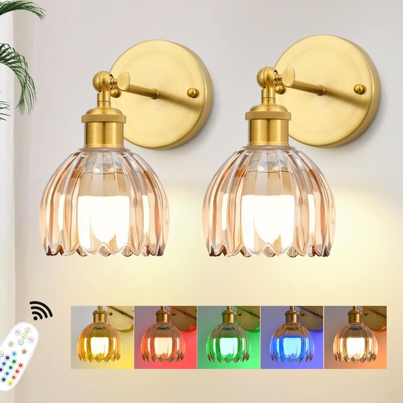 Adjustable Vintage Wall Sconce with Amber Tulip Glass Brass Fixture with Switch Ideal for Bedroom Hallway or Entry - Orange