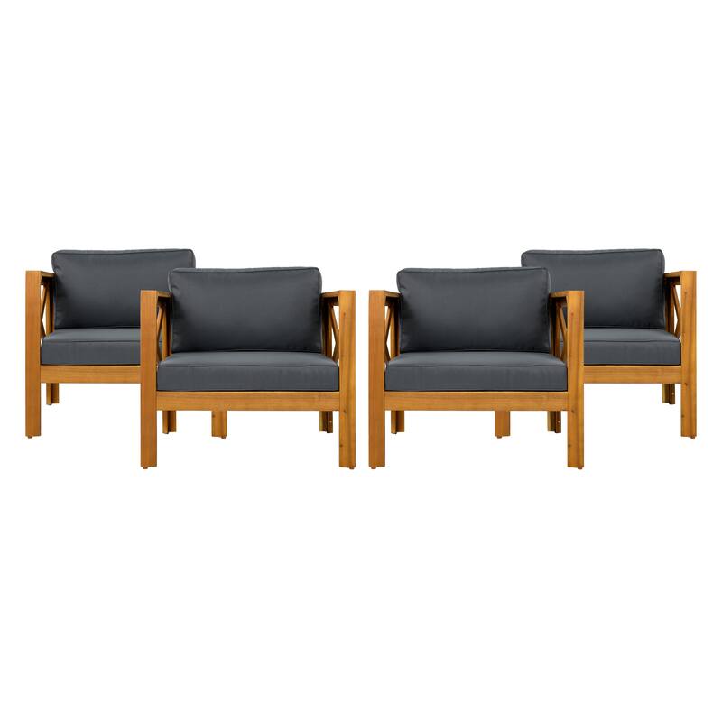 Outdoor Acacia Wood Club Wooden Armchair with Cushions ， Conversation Set,Teak Finish,Beige Cushion set of 2