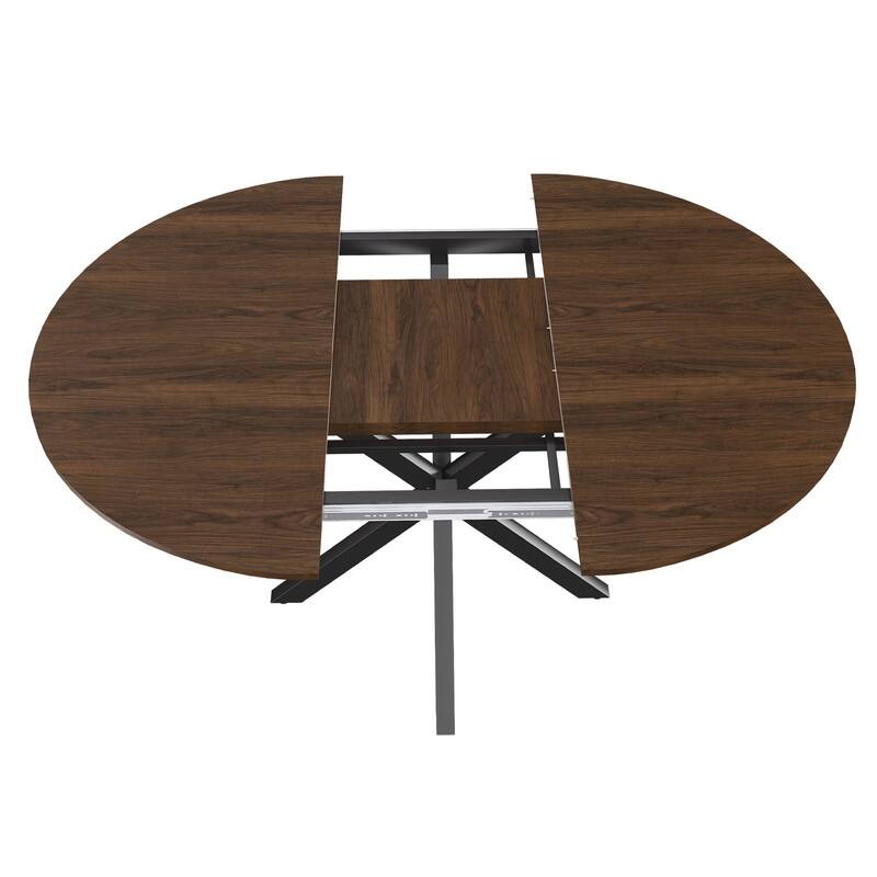42" to 58" Extendable Round Dining Table, Modern Wood Veneer Top & Carbon Steel X-Base