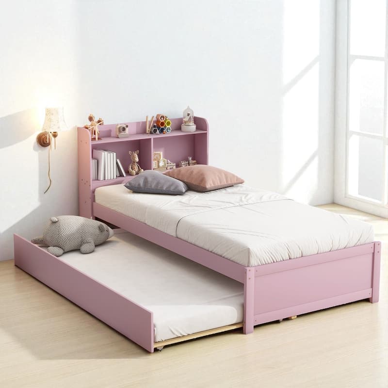 Twin/Full Bed Frame with Pull-Out Trundle and Bookcase Headboard, No Box Spring Needed