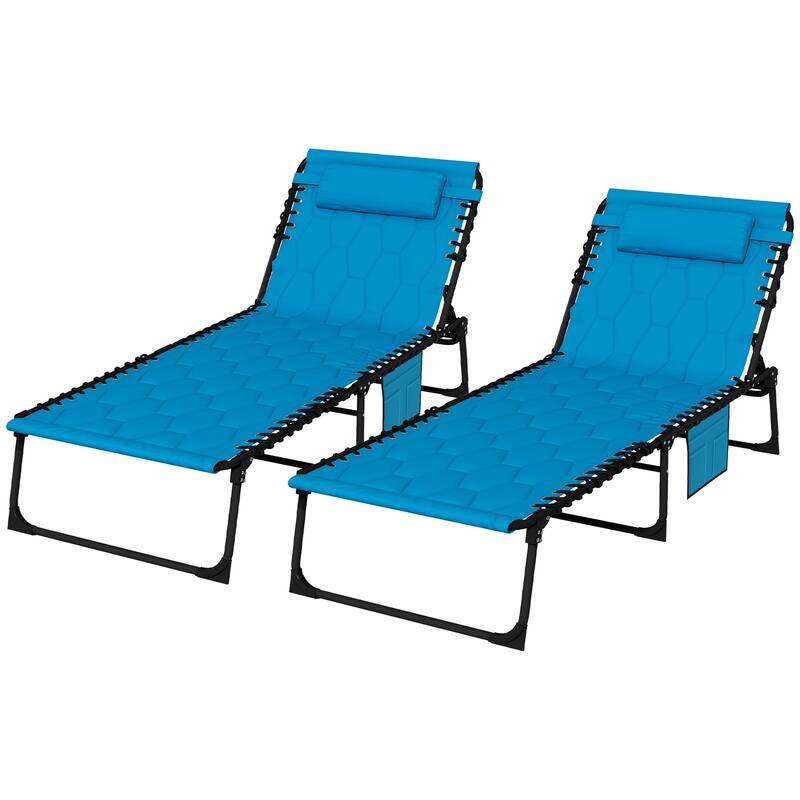 Folding Tanning Chair Set of 2, Outdoor Recliner Lounge Chairs with Pillow, Storage Pocket & Adjustable Backrest