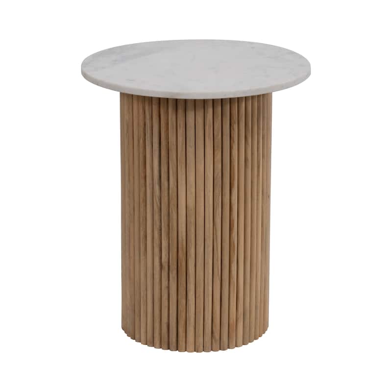 Sagebrook Home Mango Wood & Marble Accent Table with Reeded Base, MDF Support, and Contemporary Cylinder Design