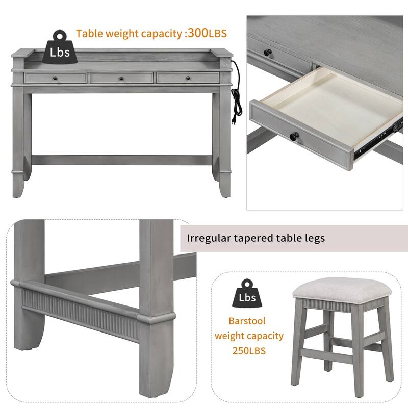 4-Piece Retro Dining Set Dining Table with USB with 3 Upholstered Stools