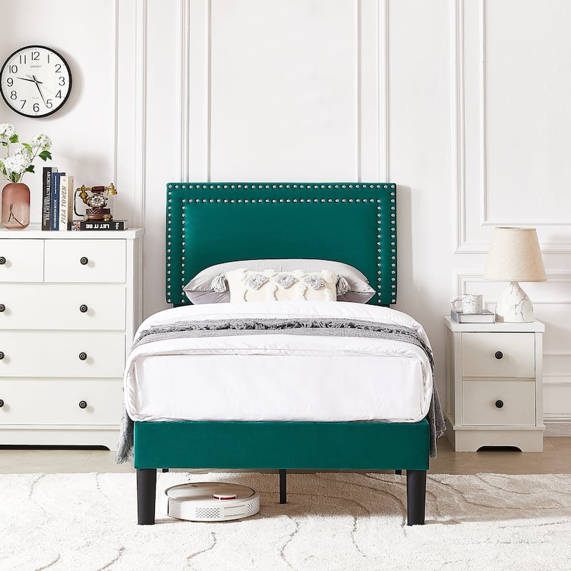 VECELO Twin Size Kids Beds Set of 2 Adjustable Headboard Soft Upholstered Headboard with Rivet Detail 8" Underbed Storage