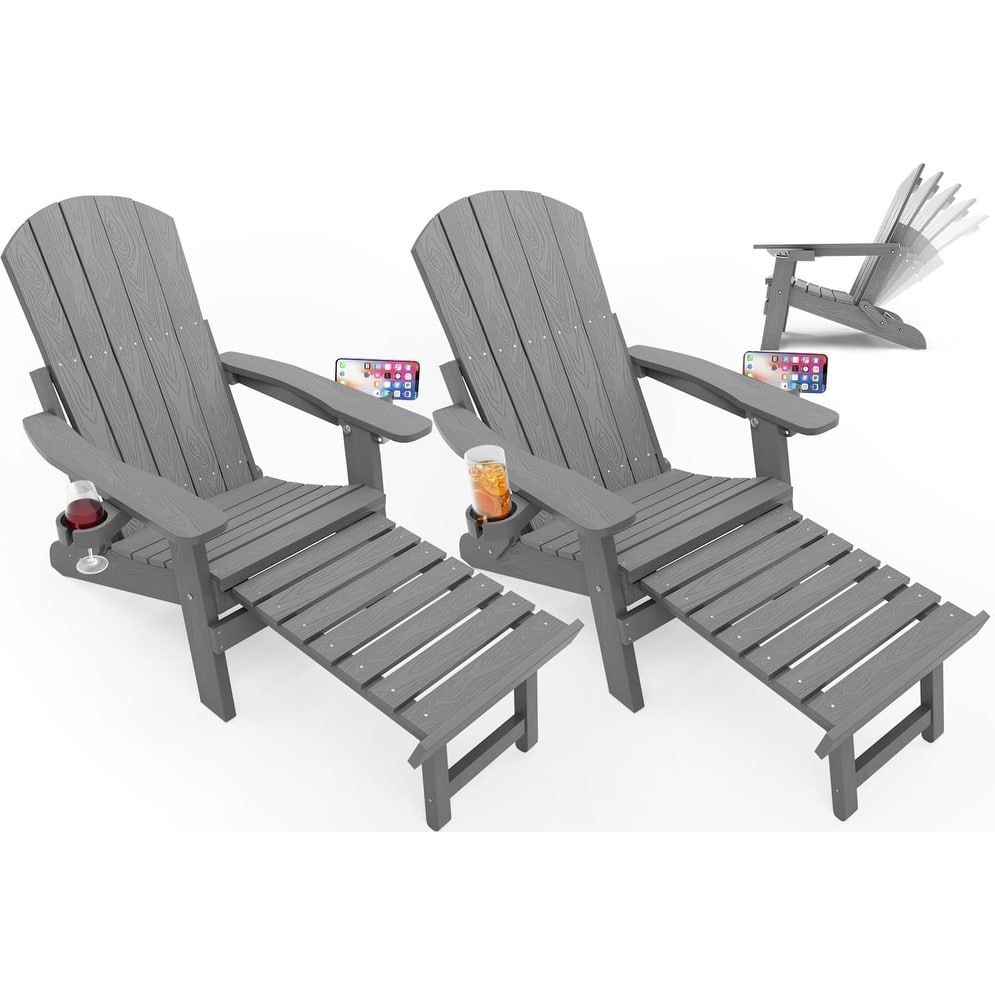 WINSOON Set of 2 HIPS Folding Adirondack Chair with Adjustable Backrest and Retractable Ottoman