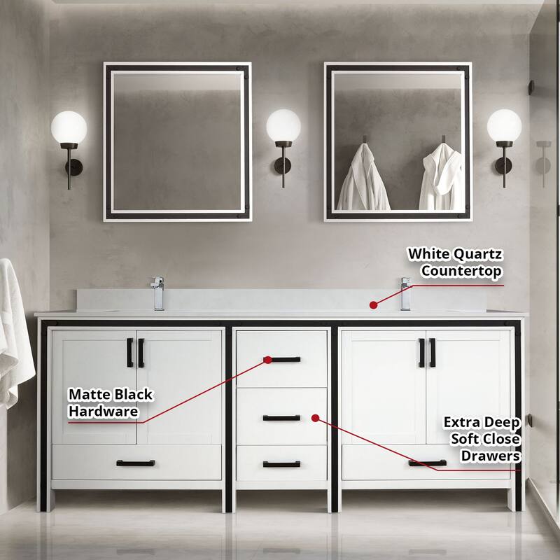 Ziva Bath Vanity, White Quartz Top and Mirrors