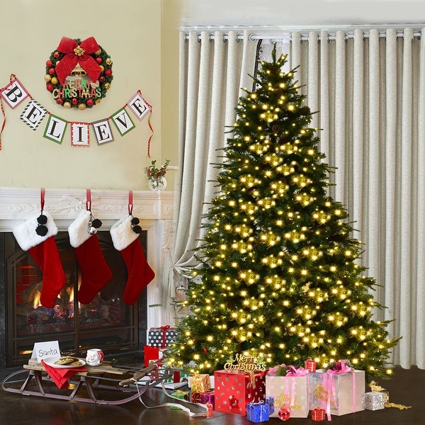 Costway 7.5Ft Pre-Lit Artificial Christmas Tree Hinged w/ 540 LED Lights & Pine Cones