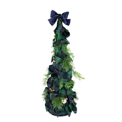 18" Green and Blue Plaid Ribbon Christmas Tabletop Cone Tree