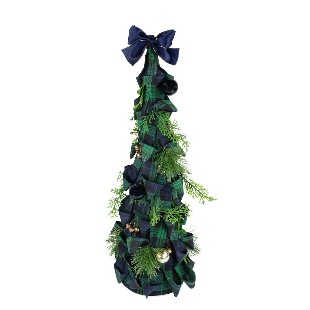 18" Green and Blue Plaid Ribbon Christmas Tabletop Cone Tree