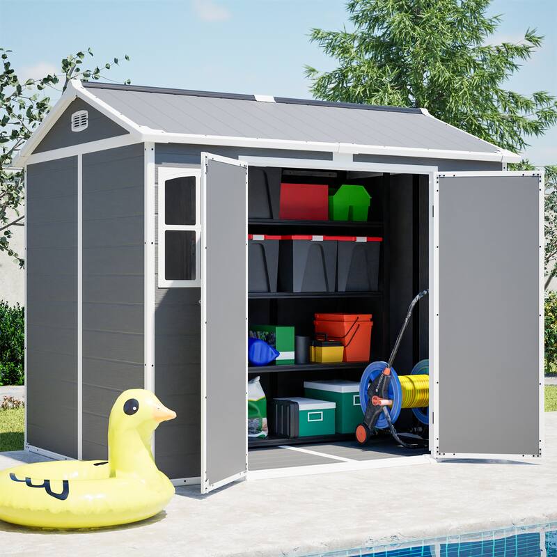 GDFStudio - Large Plastic Utility Shed with Floor & Lockable Doors for Easy Access, Storage for Garden Tools & Trash Bins