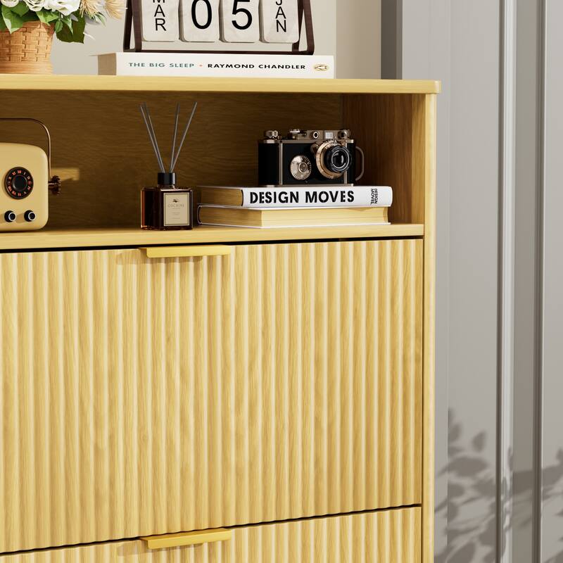 Shoe Cabinet with Open Shelf & 3 Flip Drawers, Wood Shoe Rack with Wave-Patterned Panel, Free Standing Entryway Shoe Organizer