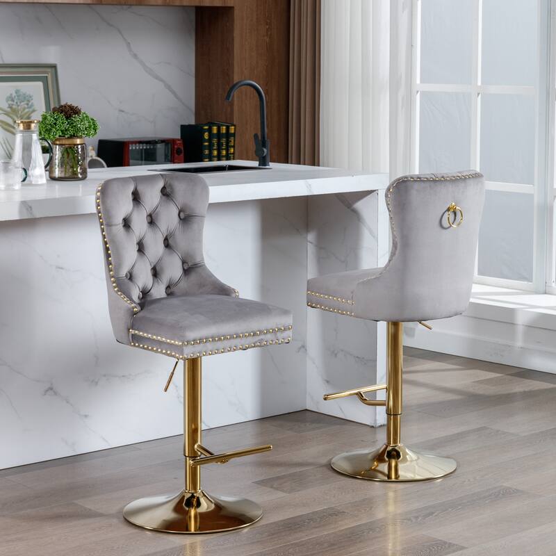 GDF Studio - Modern Upholstered Swivel Velvet Bar Stools with Adjustable Height and Tufted Back (Set of 2)