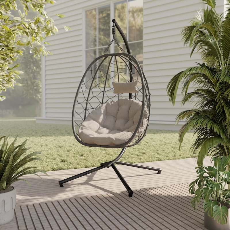 Summit Hanging Egg Swing Chair with Foldable Shell for Patio Balcony Backyard Garden Porch Home Office