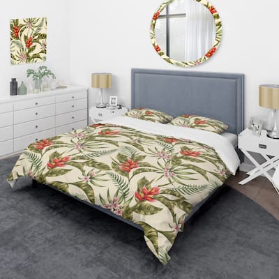 Designart 'Plumeria And Tropical Flowers With Palm Leaves On Beige' Tropical Duvet Cover Set
