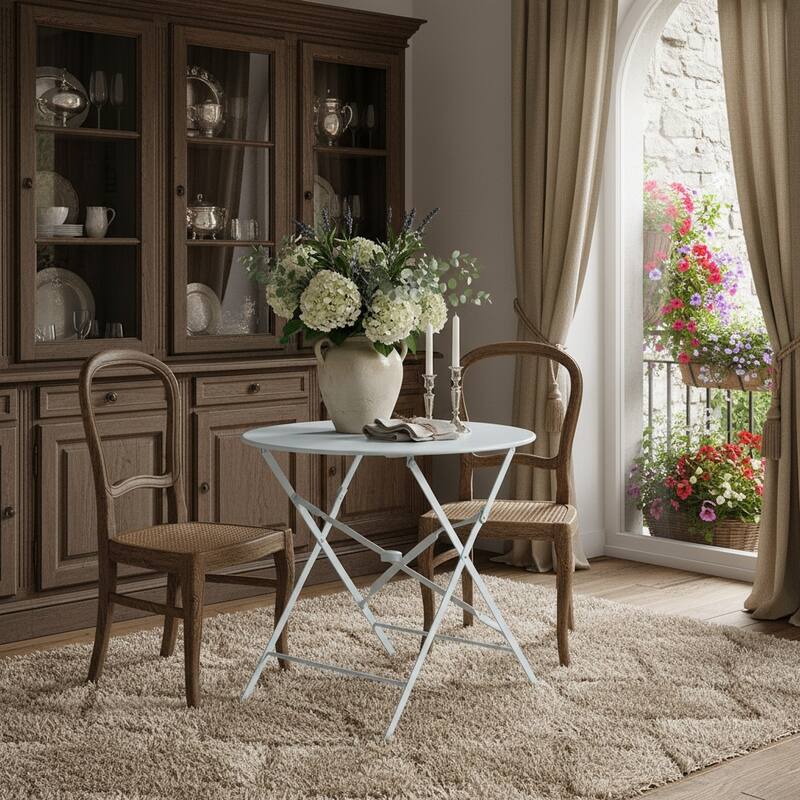 HomeRots 30" White Rounded Aluminum Folding Outdoor Bistro Table with Umbrella Hole