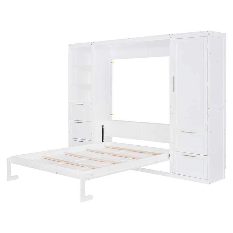 Queen Size Murphy Wall Bed with Built-In Closet, Drawers, and Shelves, Space-Saving Design