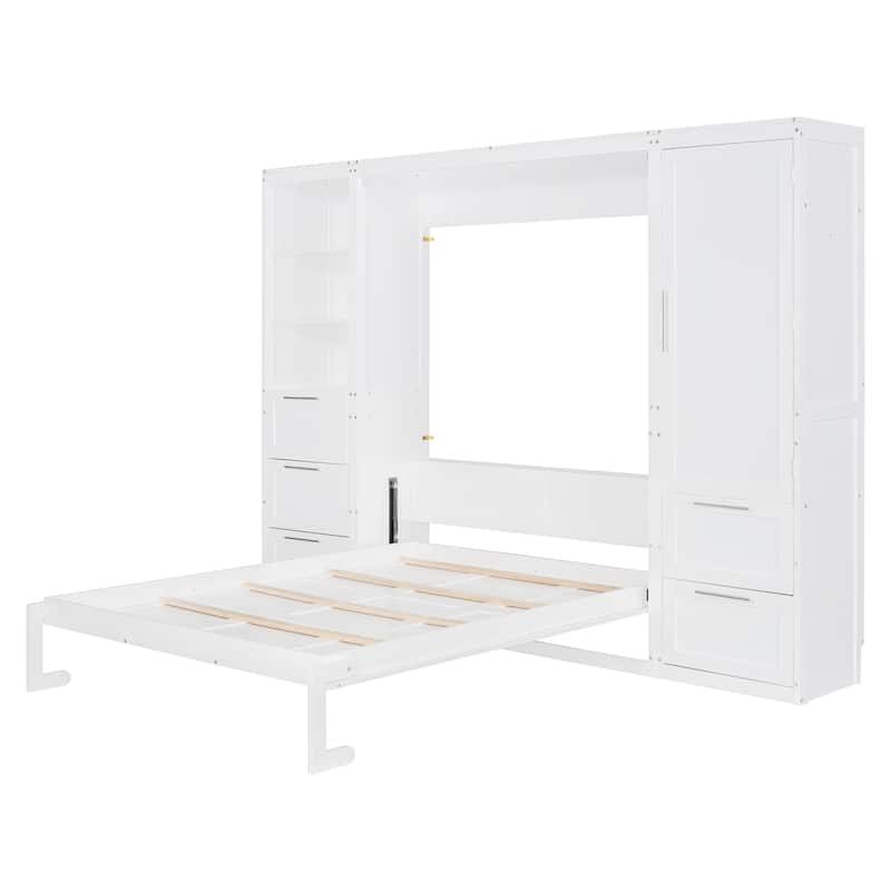 White Modern Queen Murphy Bed with Closet and Drawers