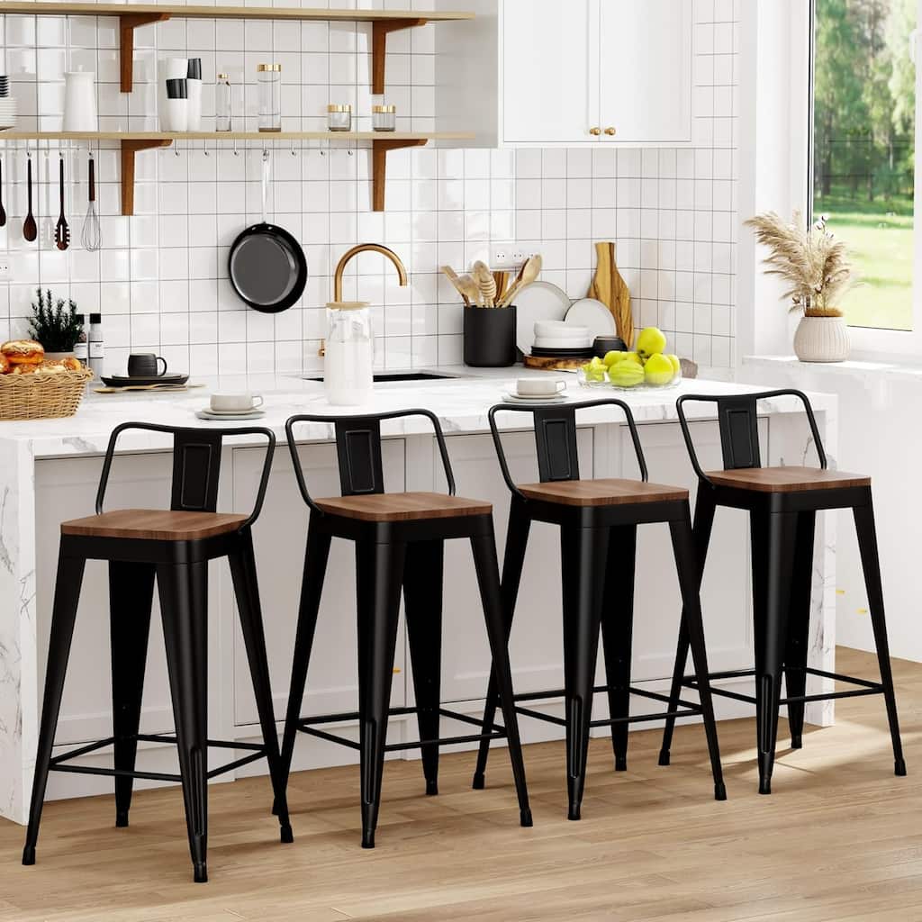 Counter Stools with Metal Frame Counter Height Bar stools with Low Back 24" Kitchen Bar Furniture Stools with Wooden Seat