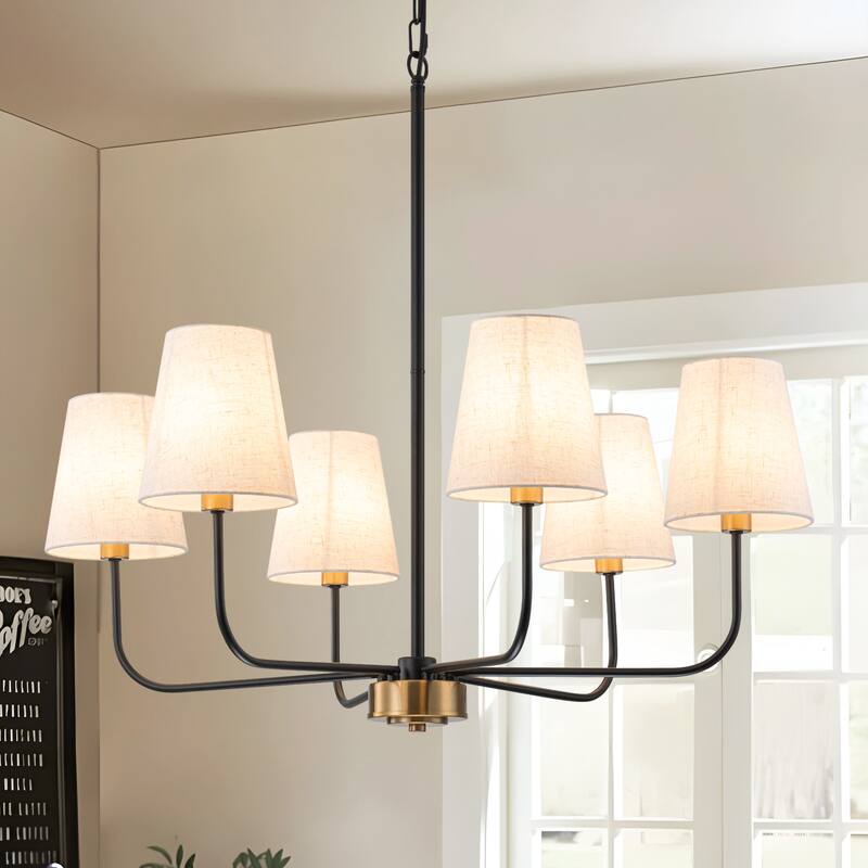 6-Light Metal Chandelier with White Linen Shades