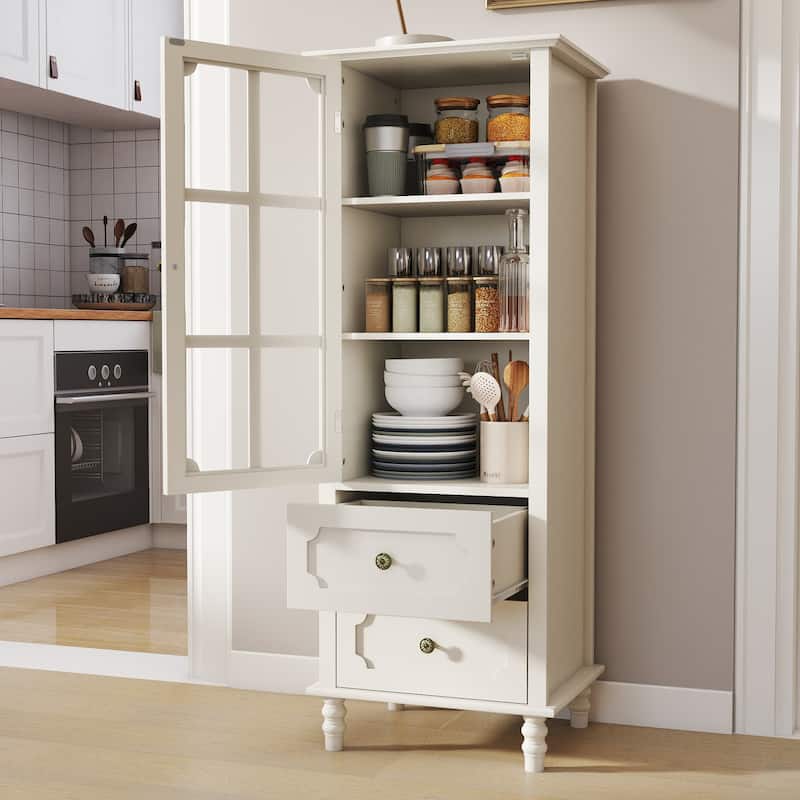 Buffet Cabinet with Glass Doors & 2 Drawers, Multi-Functional Wooden Storage Cabinet, Accent Cabinet with Solid Wood Legs - Creamy White