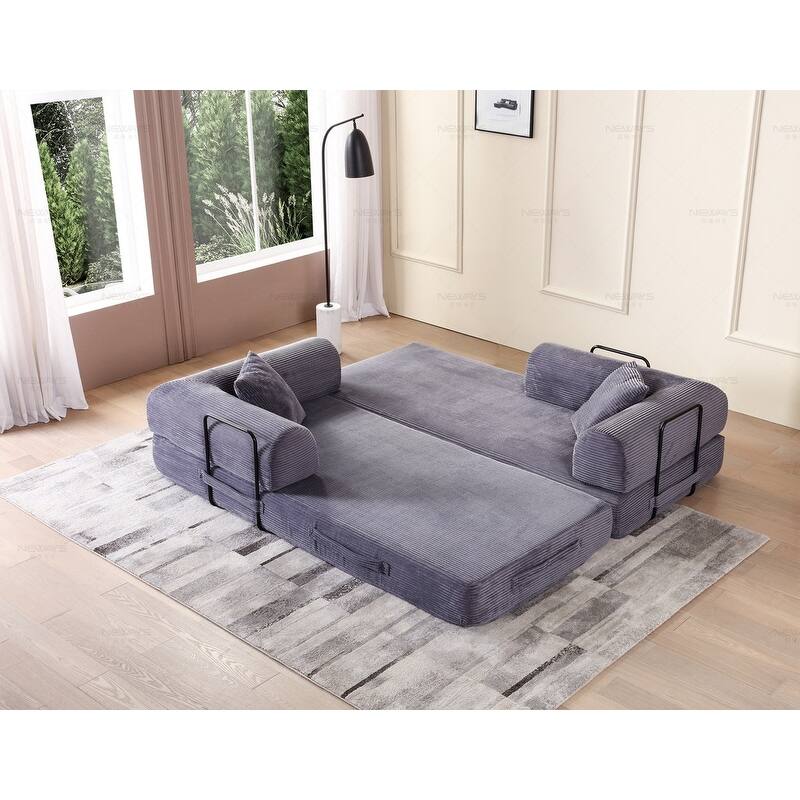 Convertible Sleeper Sofa Bed, Corduroy 3-Seat Fold-Out Couch with Pillow - Grey