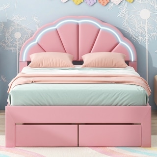 Kids Full Bed Frame Upholstered Platform Bed with LED Seashell Shaped Headboard and 2 Drawers, No Box Spring Needed, Pink
