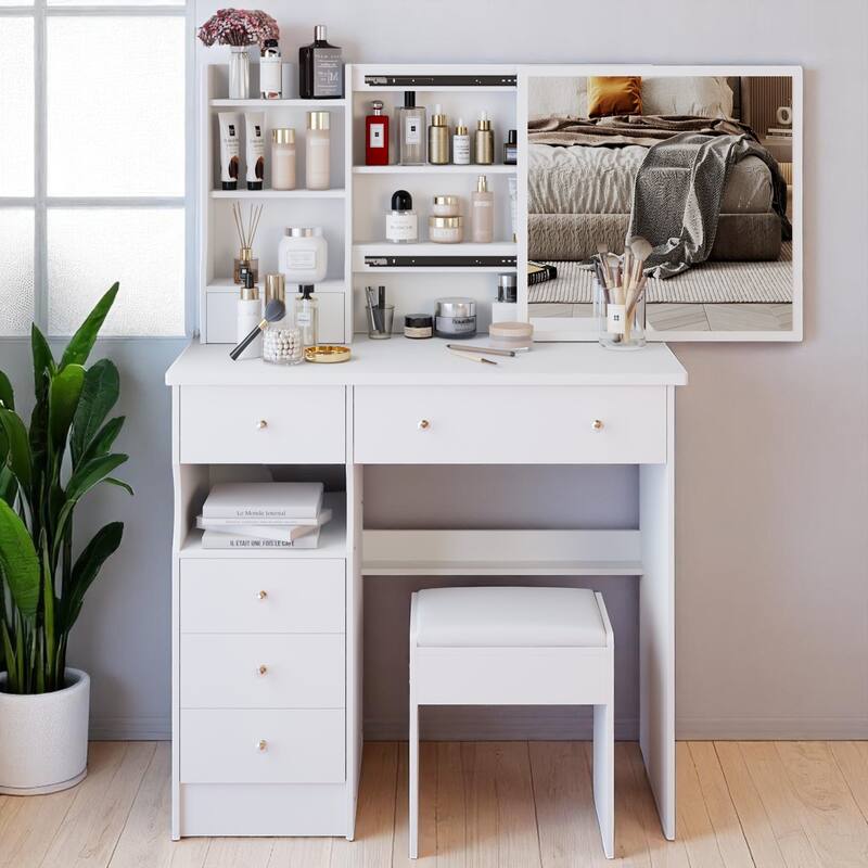37" Makeup Vanity Table with Left Drawers, Sliding Mirror & High-Capacity Storage, Includes Stool